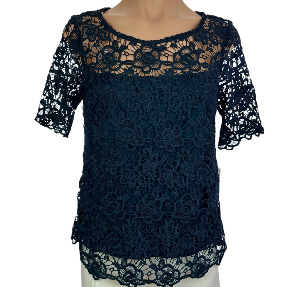Nanette Lepore Blouse Top Crochet Short Sleeve Navy Blue Lace Sz S Short Sleeve